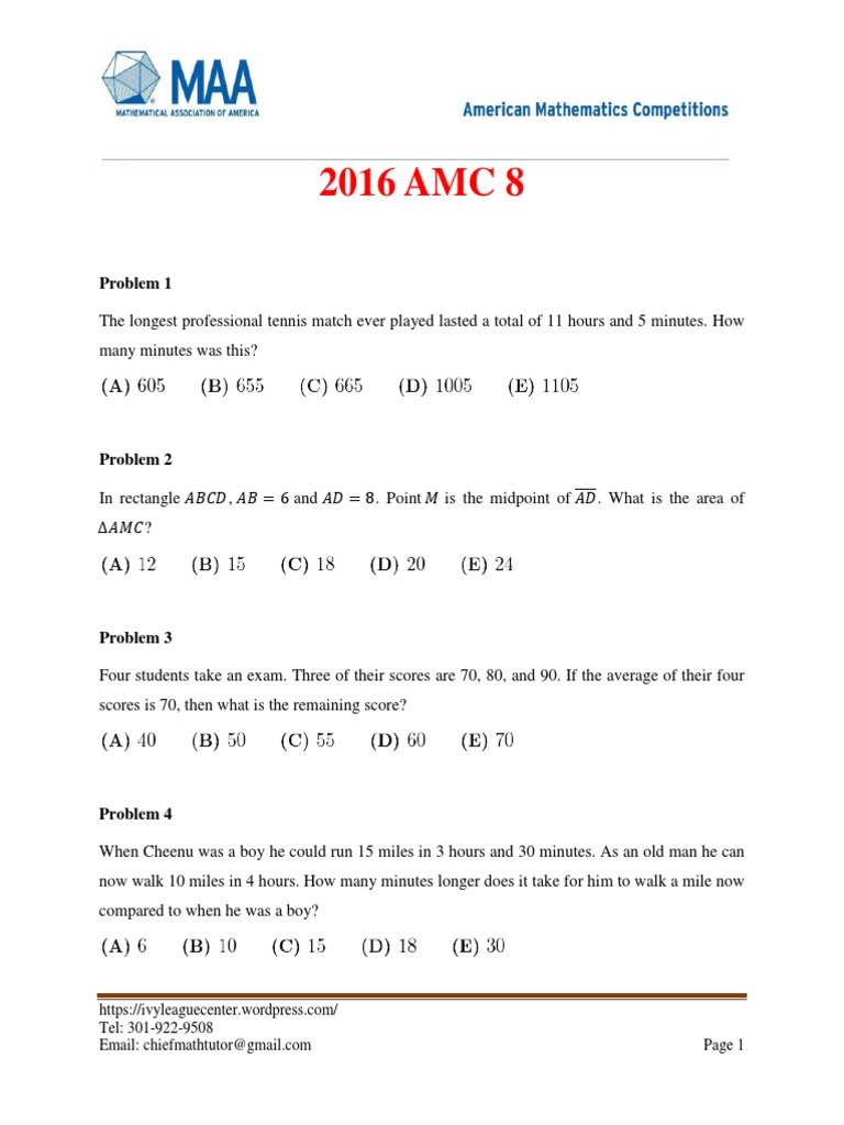 2016 AMC 8 Math Problems and Solutions | PDF | Geometry | Number Theory