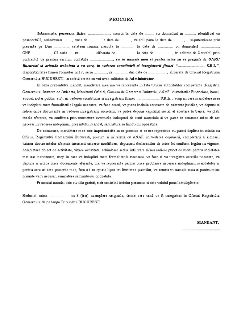PROCURA Infiintare Firma Onrc | PDF