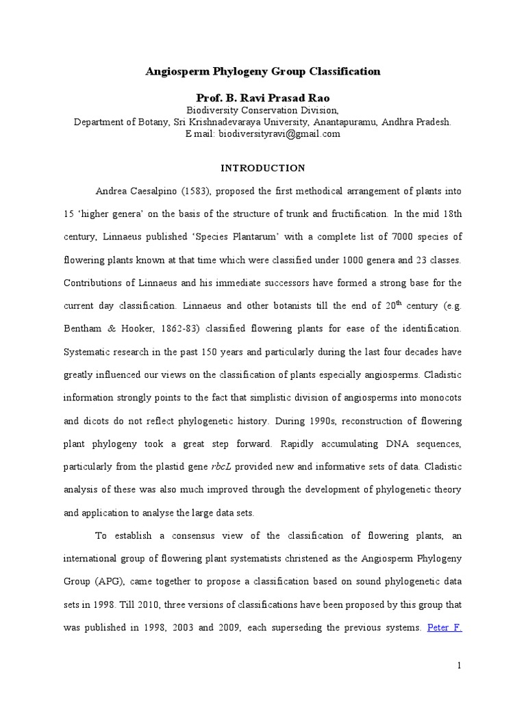 Angiosperm Phylogeny Group Classification Prof. B. Ravi Prasad Rao ...