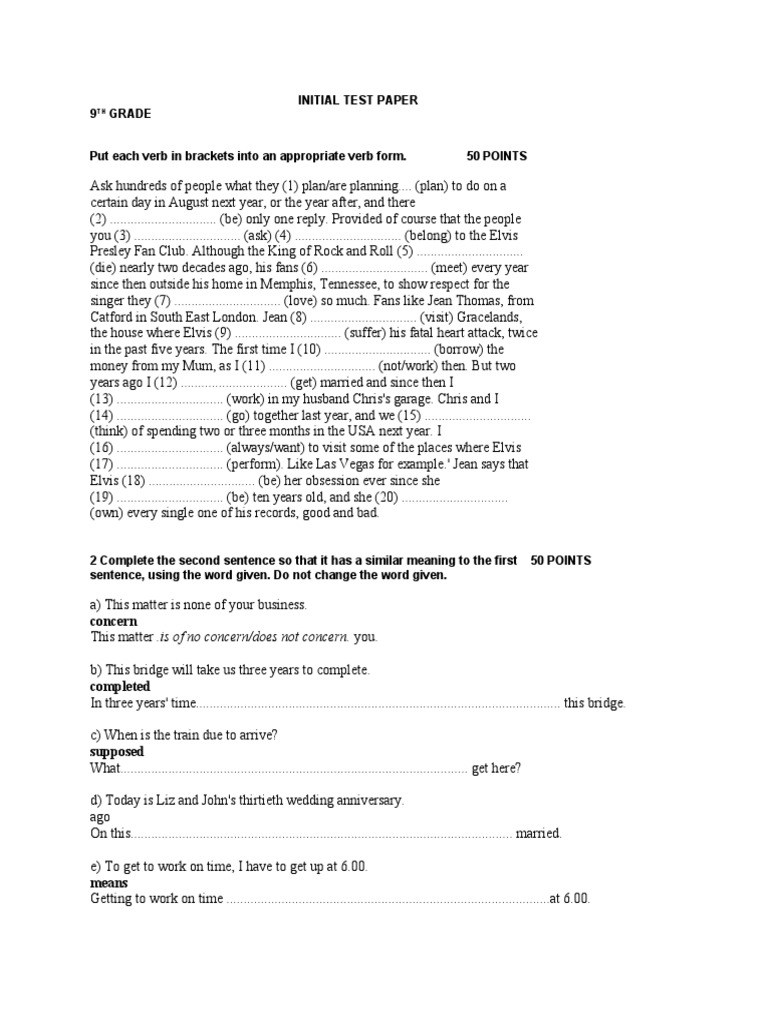 9th Grade English Test | PDF | Elvis Presley