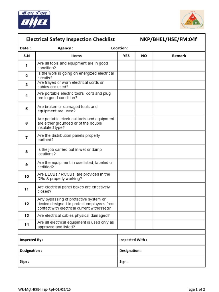 Electrical Safety Inspection ChecklistF PDF Equipment Wire