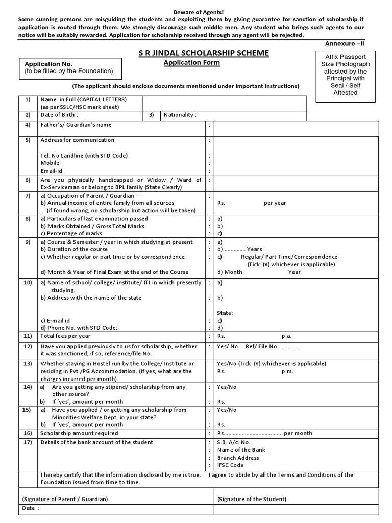 S R Jindal Scholarship Scheme: Application Form | PDF | Qualifications ...
