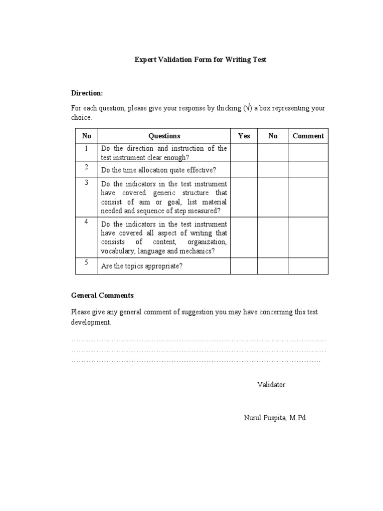 APPENDIX 11 Expert Validation Form For Writing Test | PDF