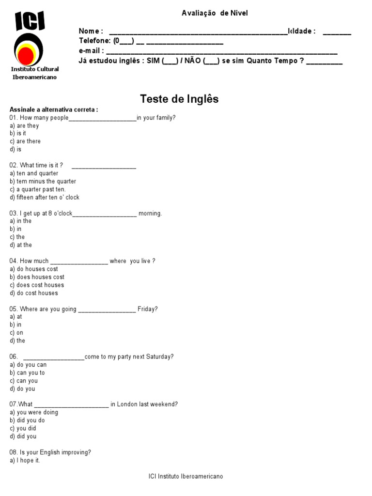 English Level Assessment Test Results PDF