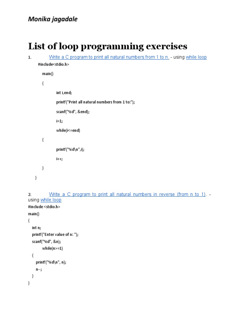 List of Loop Programming Exercises: Monika Jagadale | PDF | Numbers ...