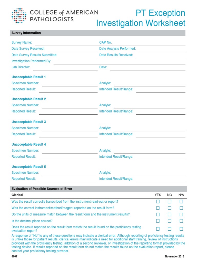 CAP PT Exception Investigation Worksheet | PDF | Calibration | Science