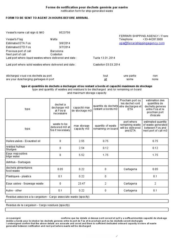 Forme de Notification Pour Dechets Genérés Par Navire: Form To Be Sent ...