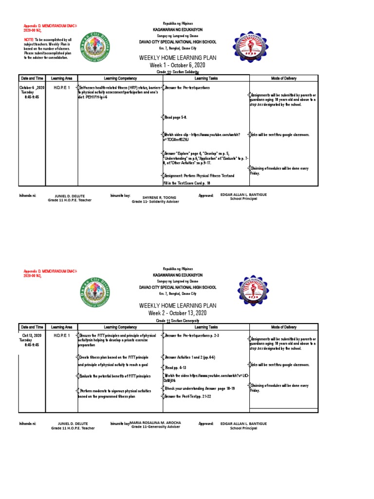 Weekly Home Learning Plan for H.O.P.E. | PDF | Educational Psychology ...
