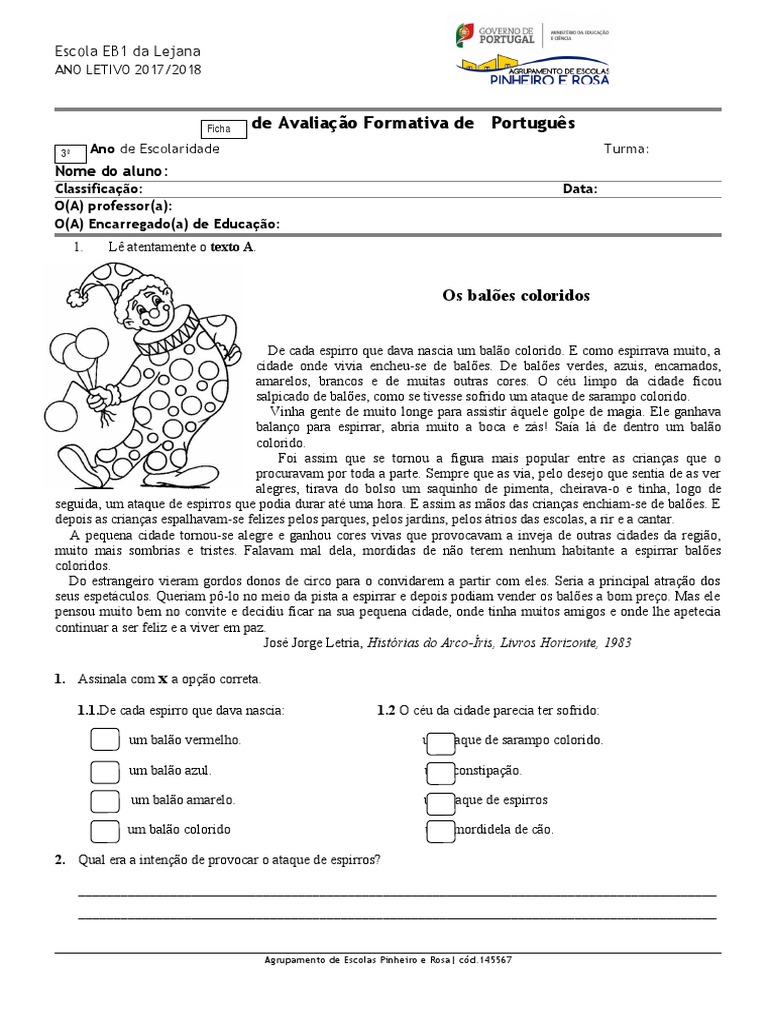 Ficha De Avaliao De Portugus 3 Ano