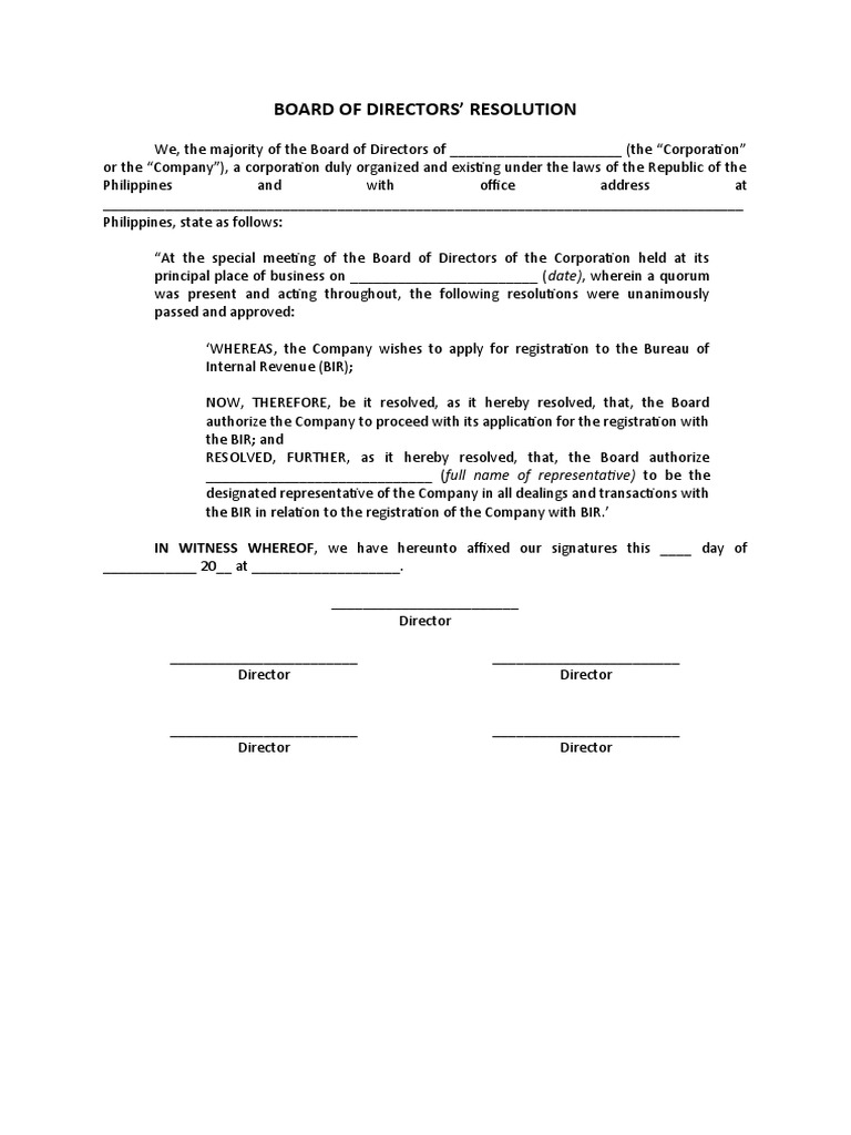 BOARD RESOLUTION TEMPLATE For BIR PDF