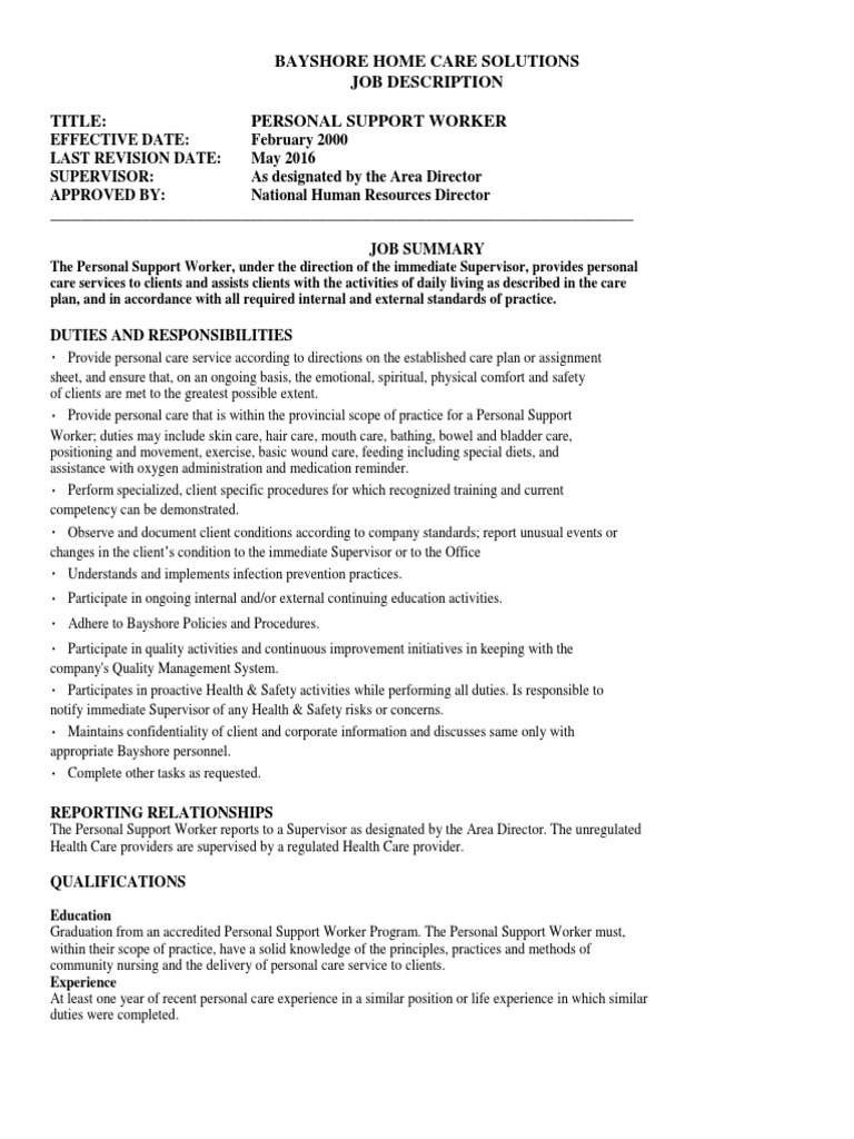 Bayshore Home Care Solutions Job Description Title: Personal Support ...