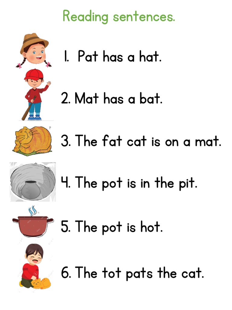 Pat Has A Hat. 2. Mat Has A Bat. 3. The Fat Cat Is On A Mat. 4. The Pot ...