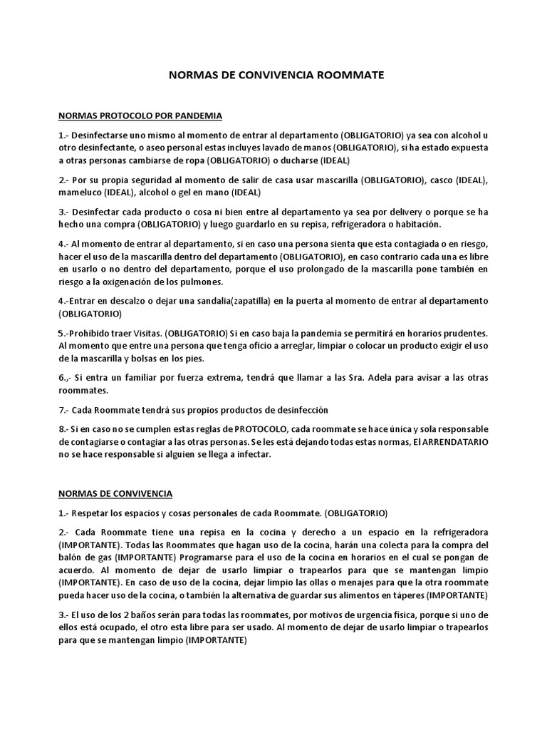 Normas de Convivencia Roommate | PDF | Cocina | Salud y bienestar