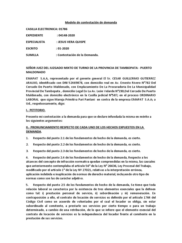 Modelo de Contestación de Demanda | PDF | Demanda judicial | Derecho ...