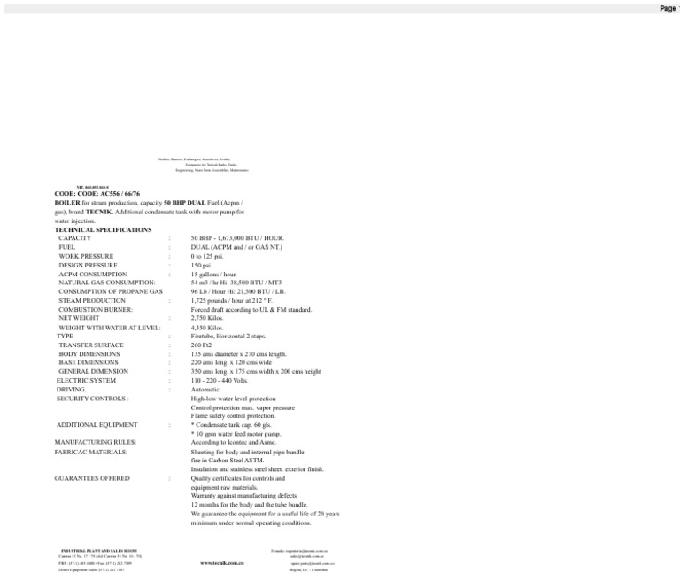 50 BHP Dual Fuel Steam Boiler Specs | PDF | Boiler | Gases