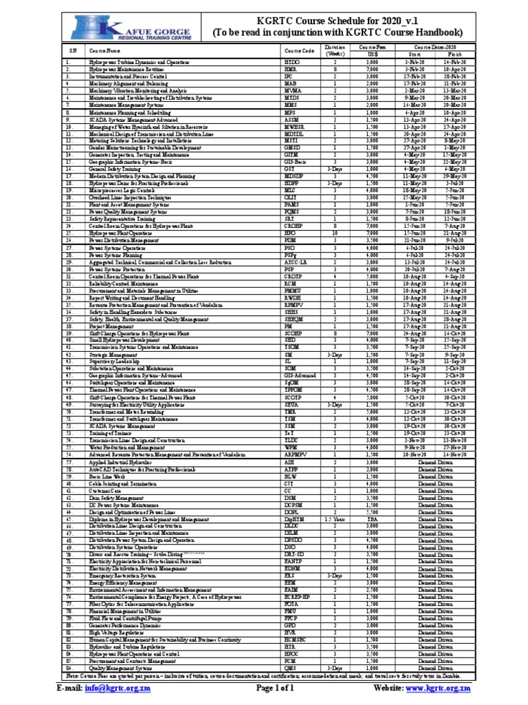 KGRTC Course Schedule For 2020 - v.1 (To Be Read in Conjunction With ...