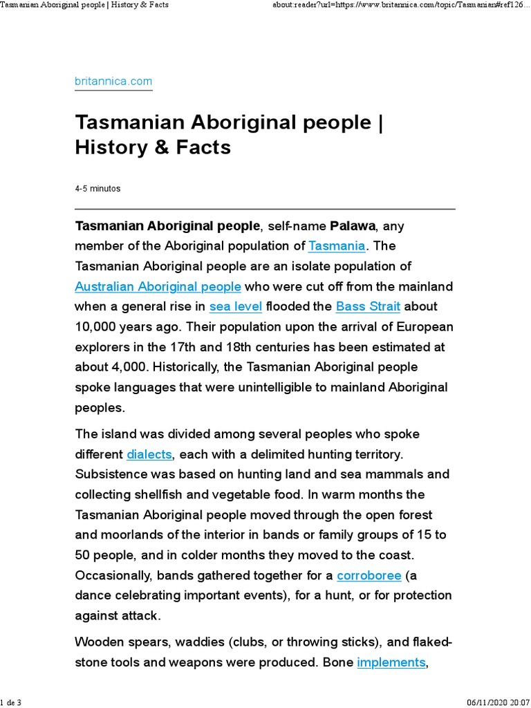 Tasmanian Aboriginal People History & Facts PDF Tasmania