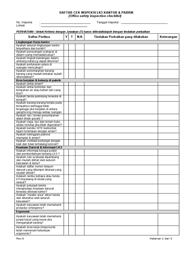 Checklist Inspeksi K3 Kantor & Pabrik | PDF
