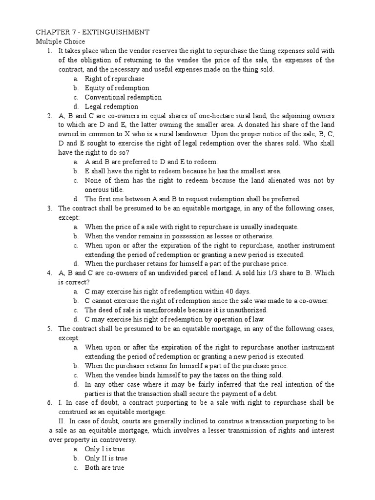 Understanding Legal Redemption and Extinguishment of Rights Through Multiple Choice Questions