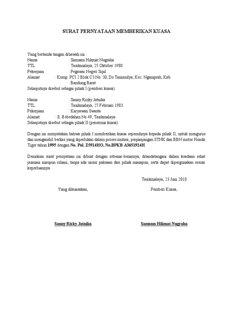 Surat Pernyataan Memberikan Kuasa Contoh Surat Perjanjian Kerjasama.
