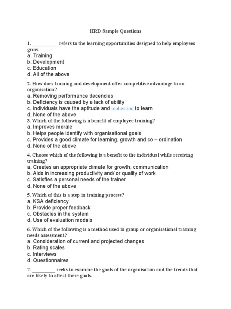 HRD Sample Questions | PDF | Needs Assessment | Labour Economics