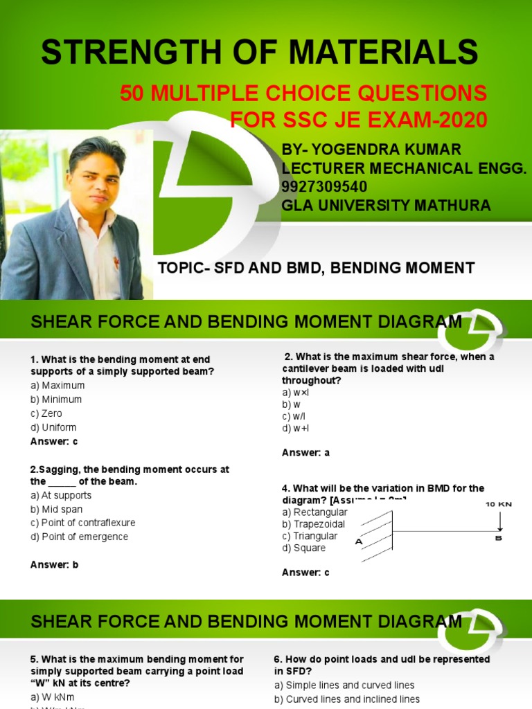 SFD and BMD MCQs for SSC JE Exam | PDF | Bending | Beam (Structure)