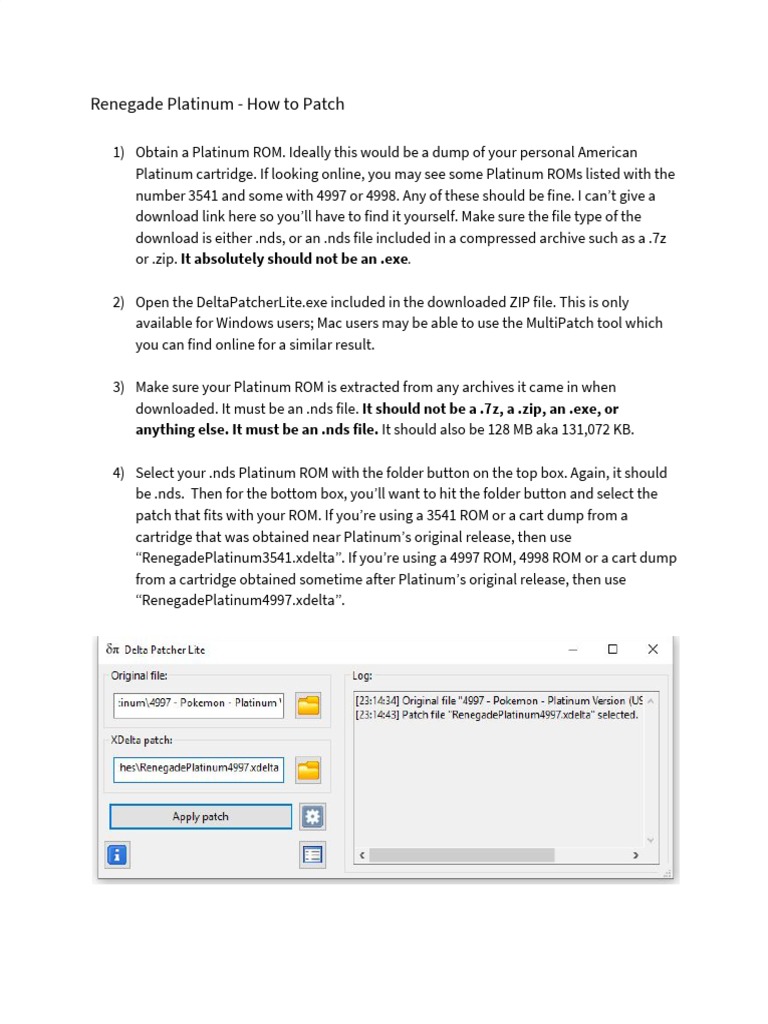 Renegade Platinum - How To Patch: Anything Else. It Must Be An .Nds File.  It Should Also Be 128 MB Aka 131,072 KB | PDF | Zip (File Format) | Read  Only Memory