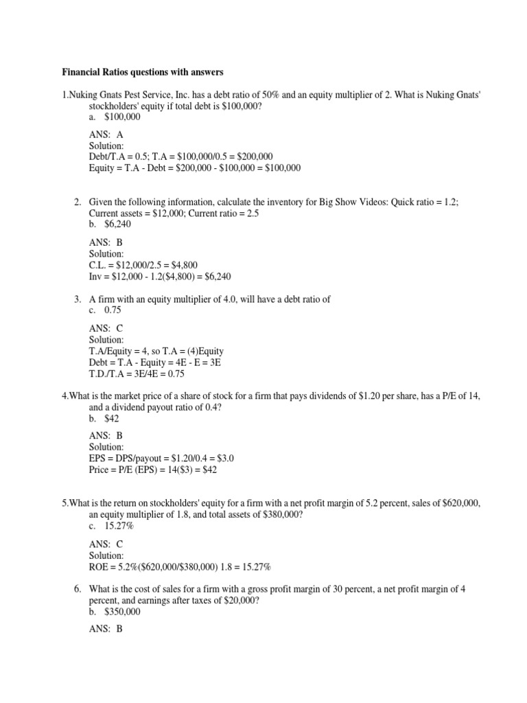 Financial Ratios Questions With Answers Equity Finance Net Income