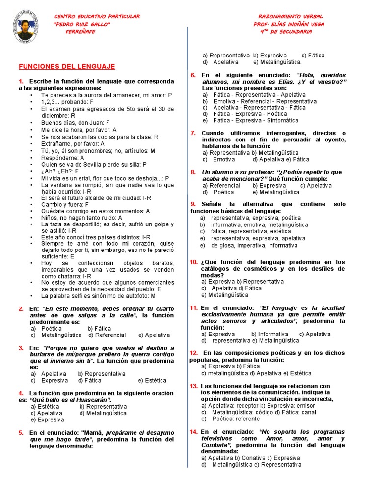Funciones del Lenguaje en Ejercicios | PDF | Comunicación humana ...