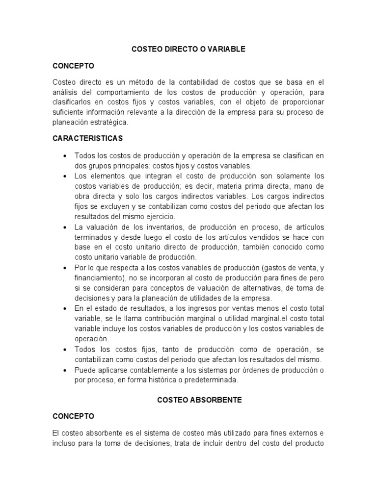 Costeo Directo o Variable | PDF | Contabilidad de costos | Costo
