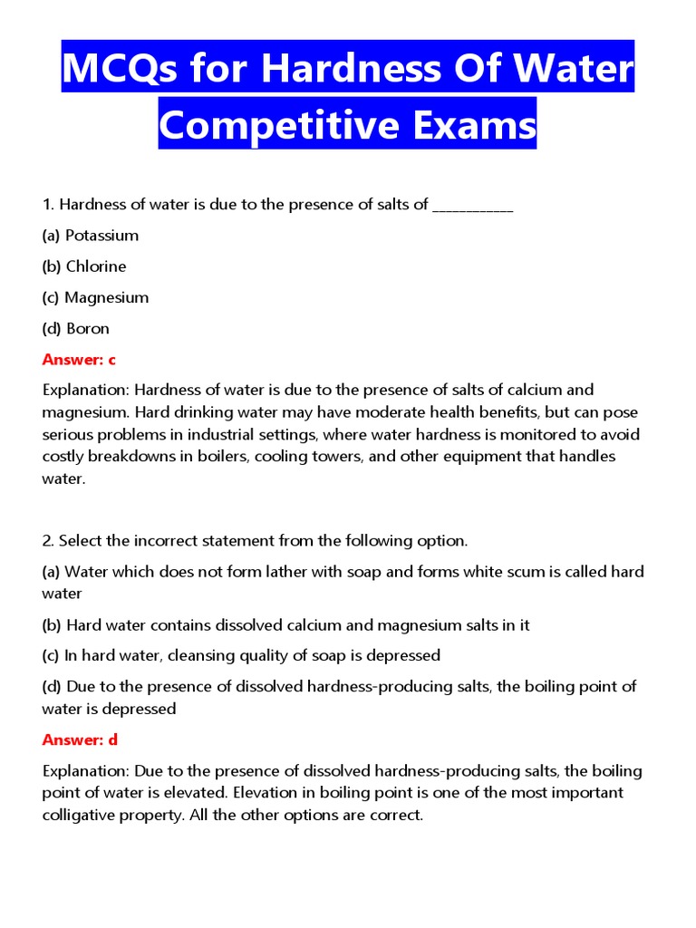 Mcqs For Hardness of Water Competitive Exams Answer C PDF