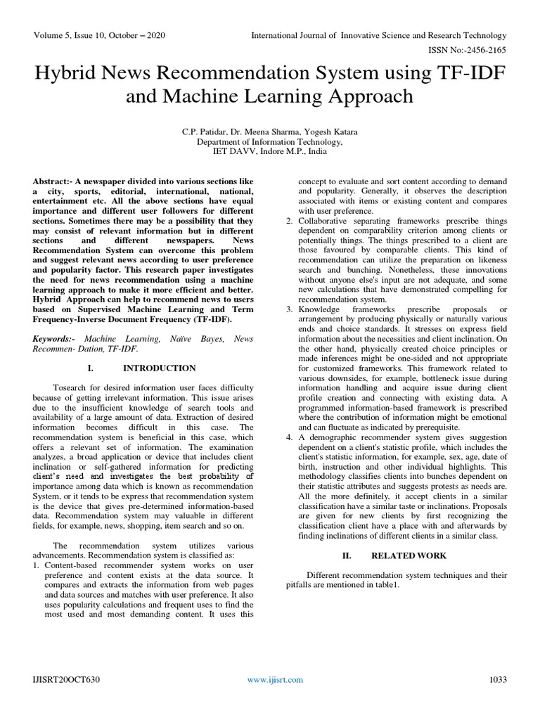 Hybrid News Recommendation System Using TF-IDF and Machine Learning ...