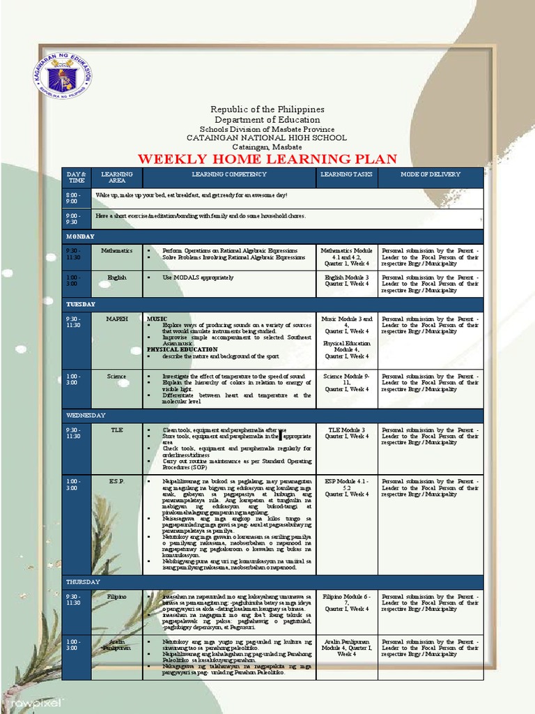 Weekly Home Learning Plan for Students | PDF | Cognition