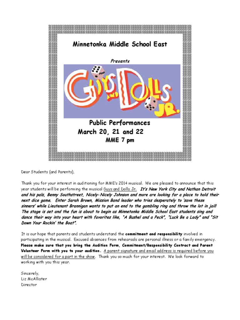 Guys and Dolls Audition Packet 2013 PDF Audition Entertainment