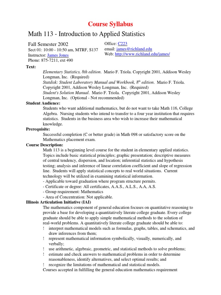 Math 113 - Introduction To Applied Statistics: Course Syllabus | PDF ...