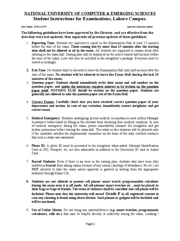 Exam Guidelines for NUCES Lahore Students | PDF | Test (Assessment ...