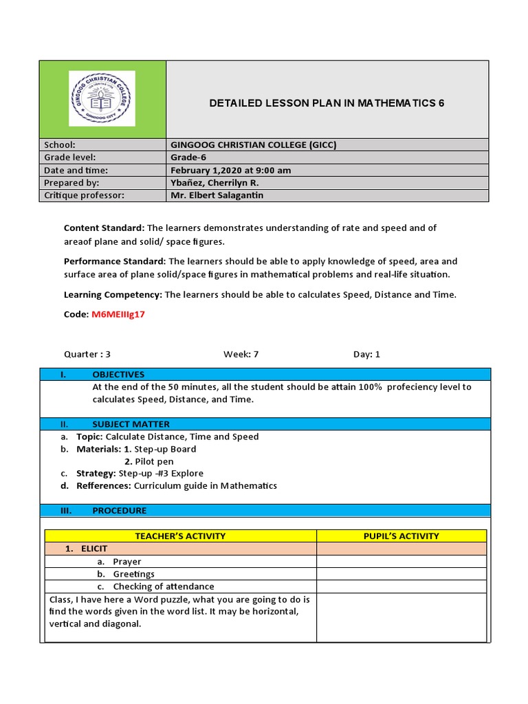 Grade 6 Math Lesson Plan: Speed & Distance | PDF | Speed | Lesson Plan