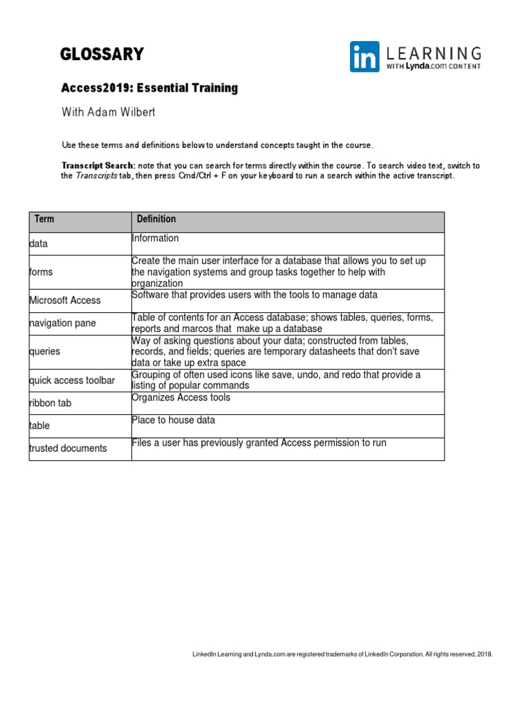 Access 2019 Course Glossary Terms | PDF