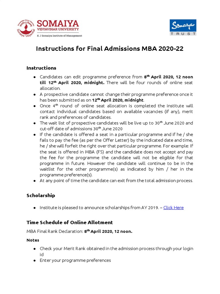 Instructions For Final MBA Admisions PDF | PDF | Business
