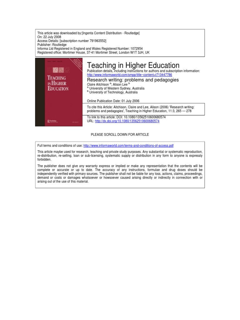 Teaching in Higher Education: Research Writing: Problems and Pedagogies ...