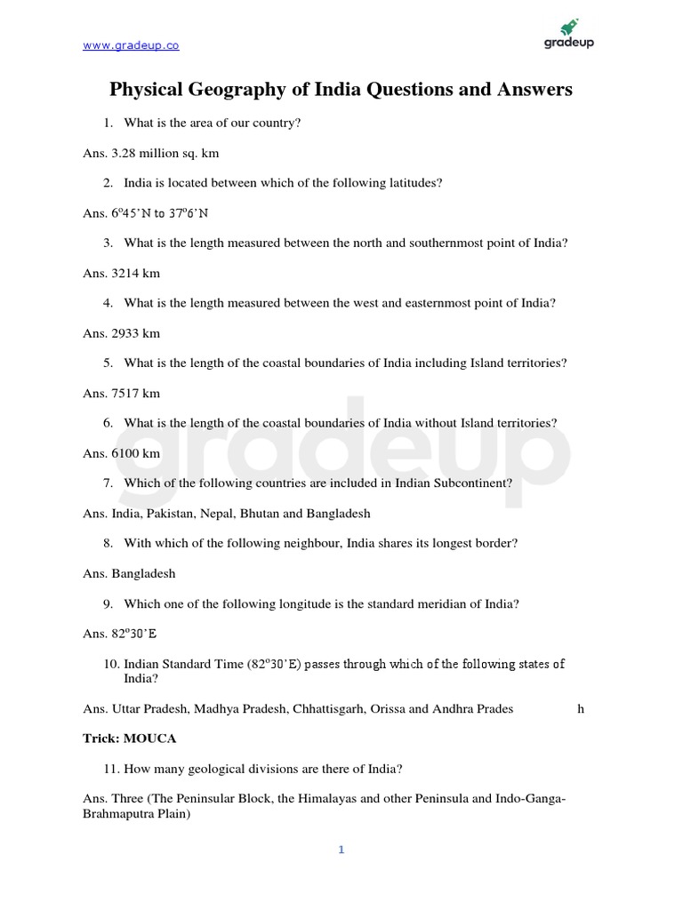 Physical Geography of India Questions and Answers WWW Gradeup.co