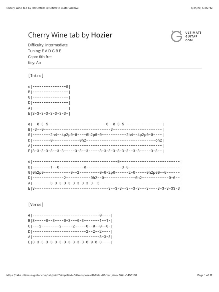 Cherry Wine Tab by Hoziertabs at Ultimate Guitar Archive PDF PDF