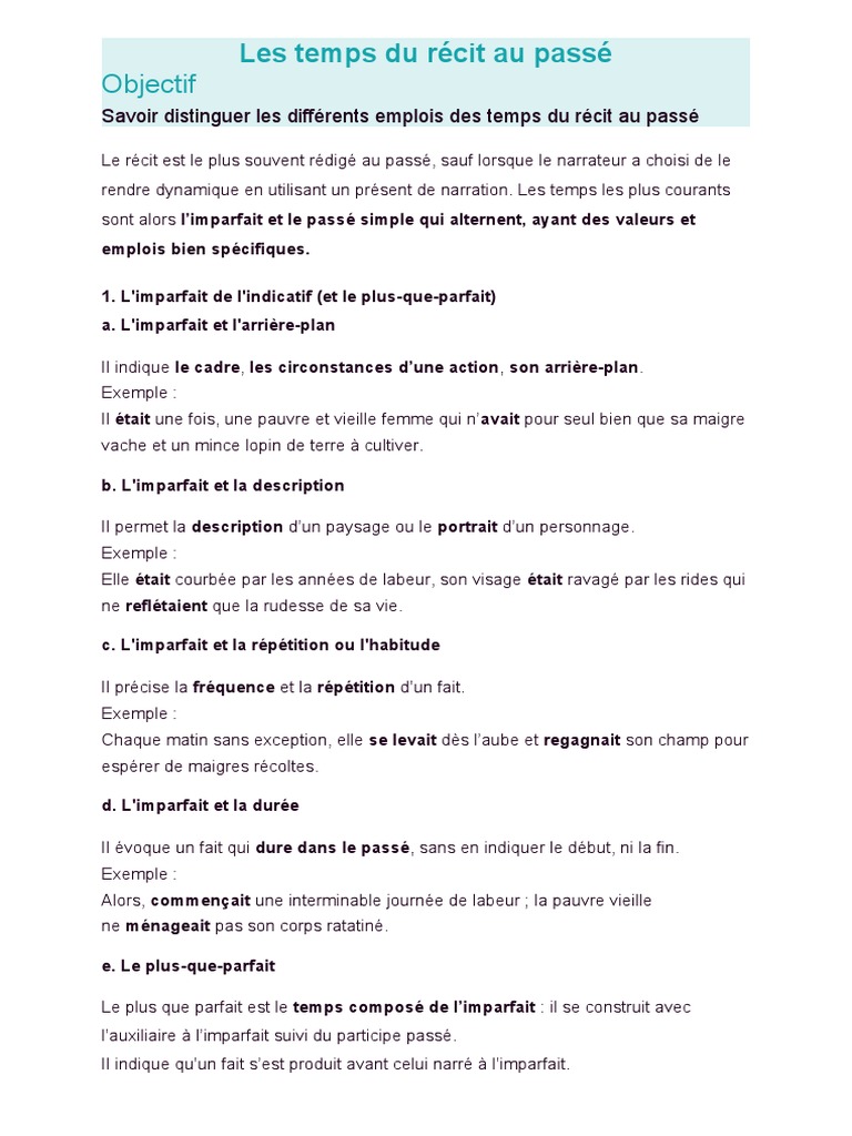 Les Valeurs De L imparfait Et Du Passé Simple Exercices Corrigés Lecon Les Temps Du Récit | PDF