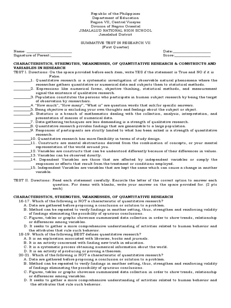 Grade 7 Quarter 1 Research Summative Test | PDF | Quantitative Research ...