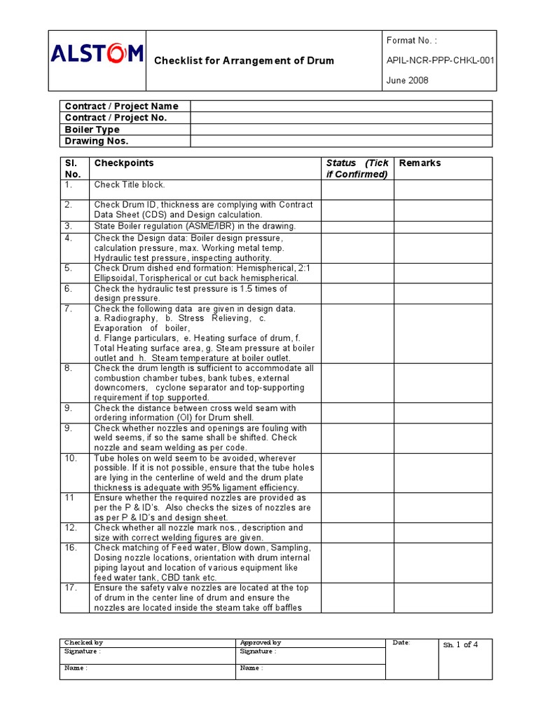 Checklist For Arrangement of Drum PDF Boiler Pipe (Fluid Conveyance)