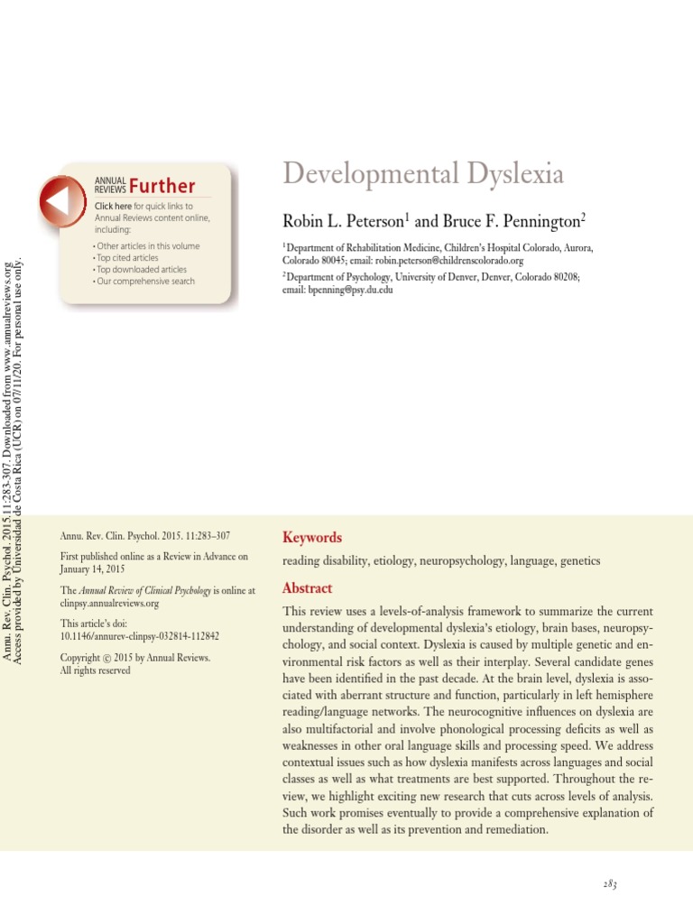 Developmental Dyslexia: Further | PDF | Dyslexia | Socioeconomic Status