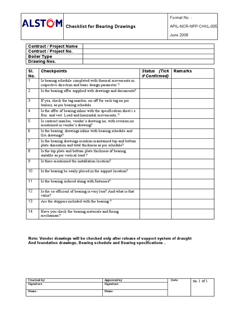 Checklist Bearing Non Pressure Parts Drgs. PDF