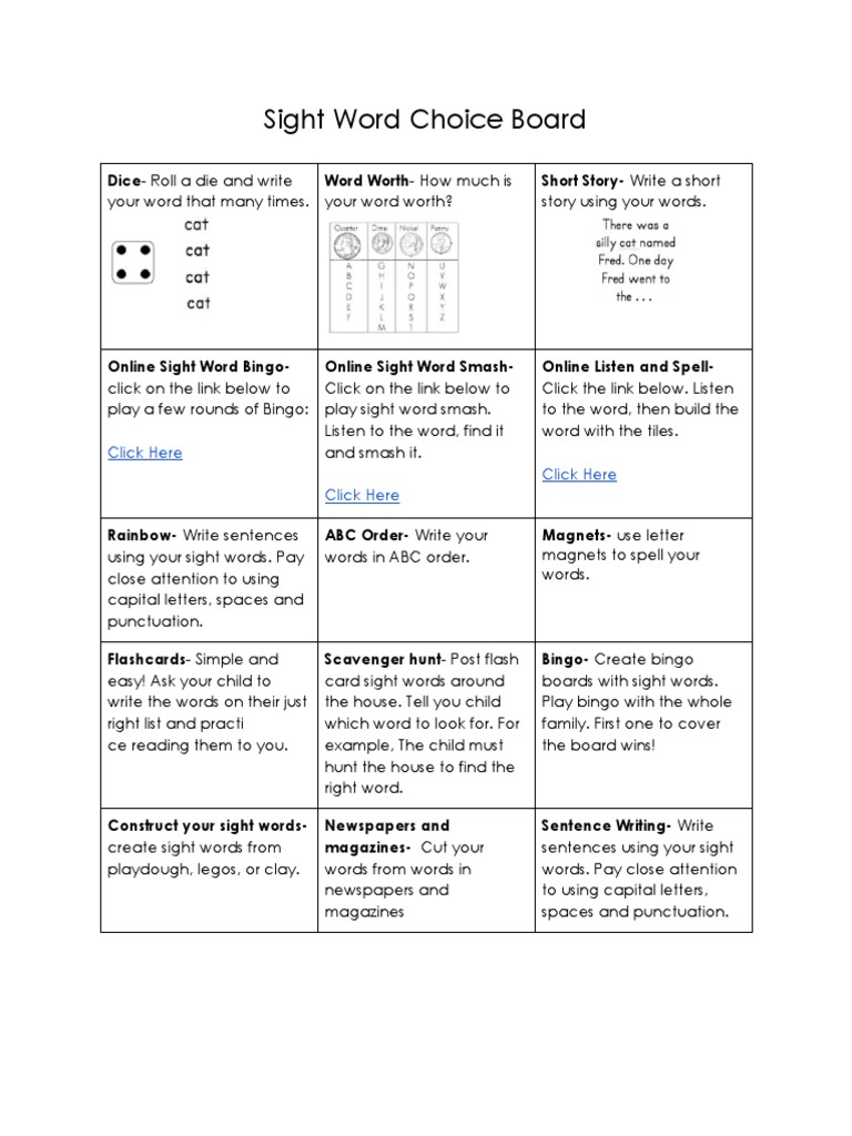 Sight Word Choice Board: Click Here Click Here Click Here | PDF