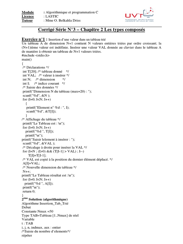 Exercices Corrigés en Algorithmique C | PDF | Algorithmes et structures ...