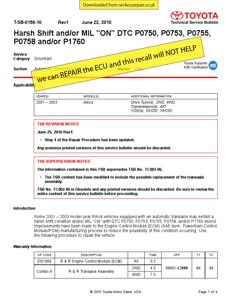 Toyota Rav4 Ecu Recall Euc Problem PDF | PDF | Automatic Transmission ...